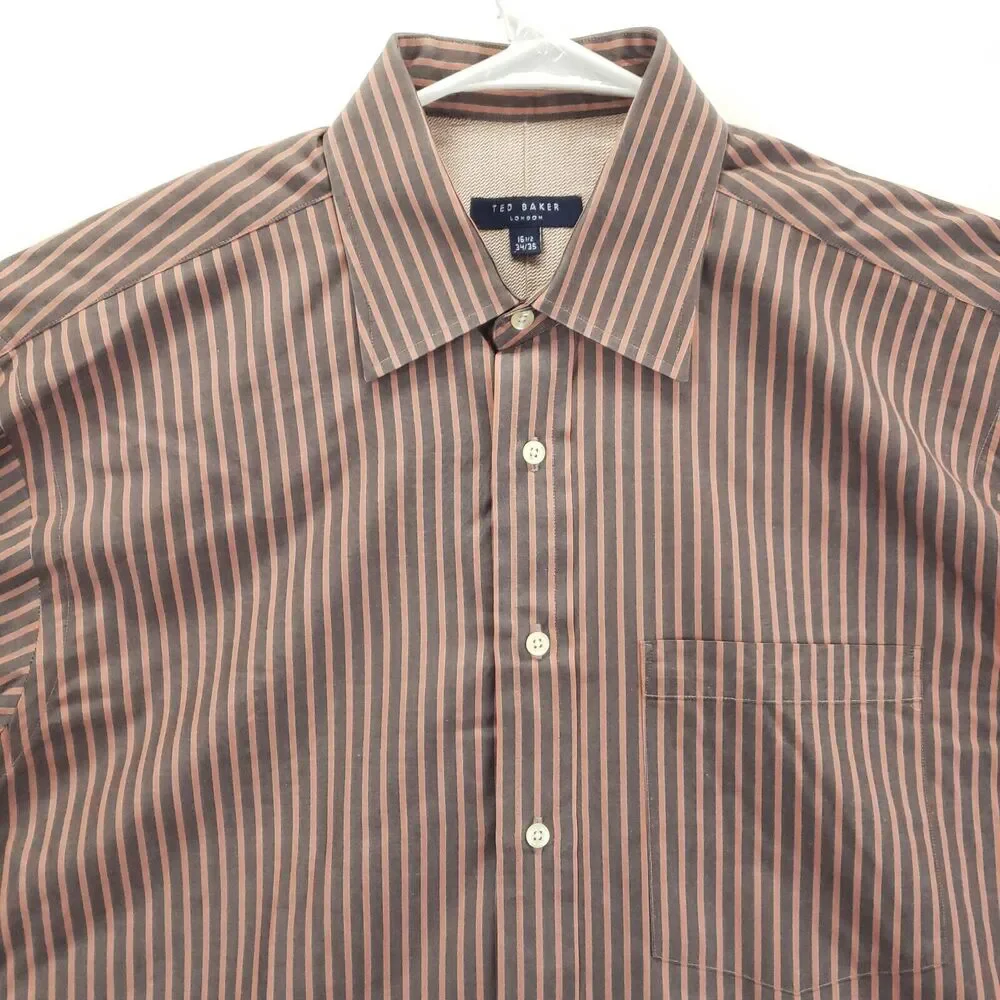 Ted Baker London Dress Shirt Men 16.5 34/35 Brown Pink Striped Cotton Flip Cuffs